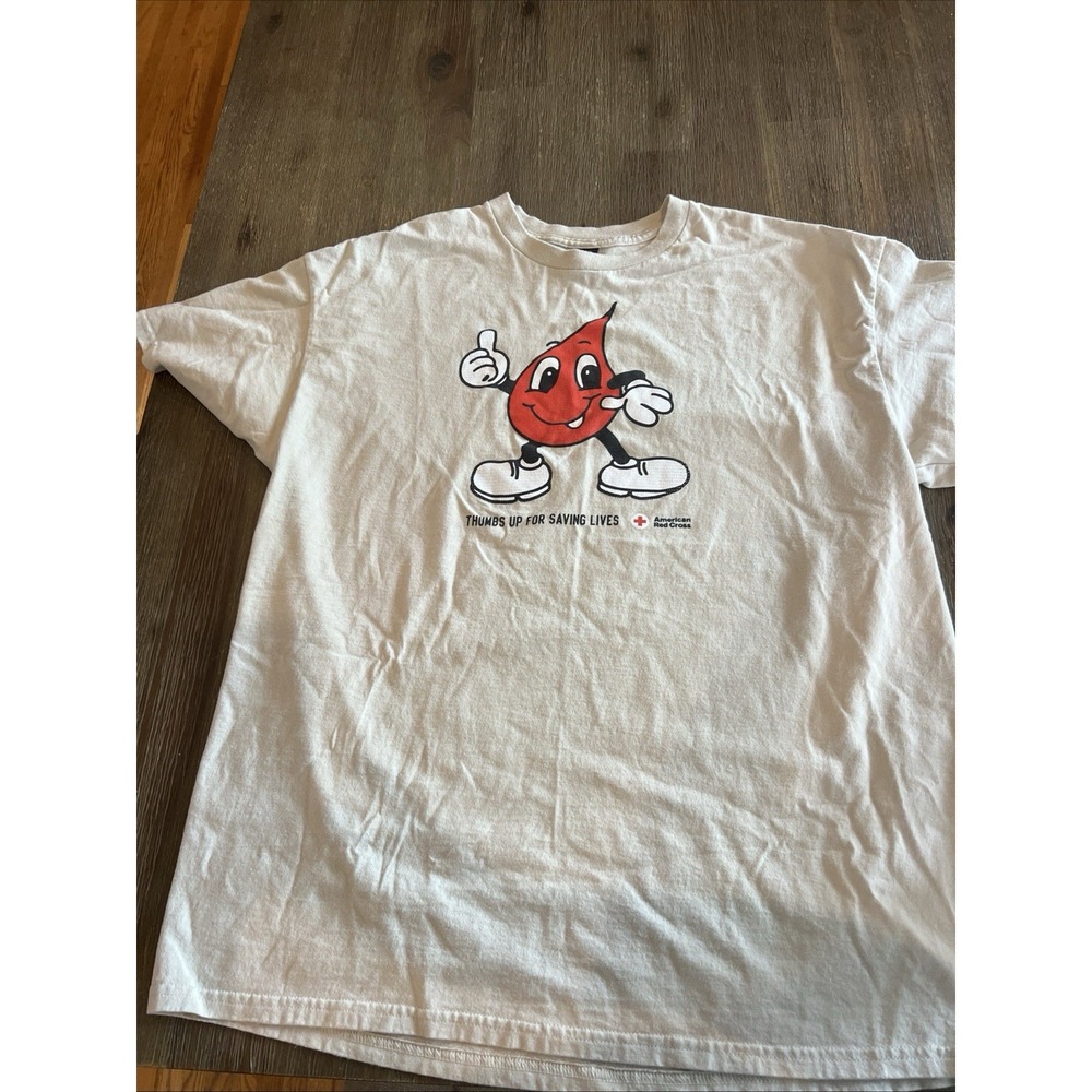 Y2K Red Cross Blood Drive T-Shirt Cartoon Tee Vintage Style XL Beige